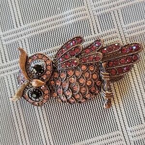 Vintage Bronze Owl Brooch - Pink & Purple Crystals Rhinestones
